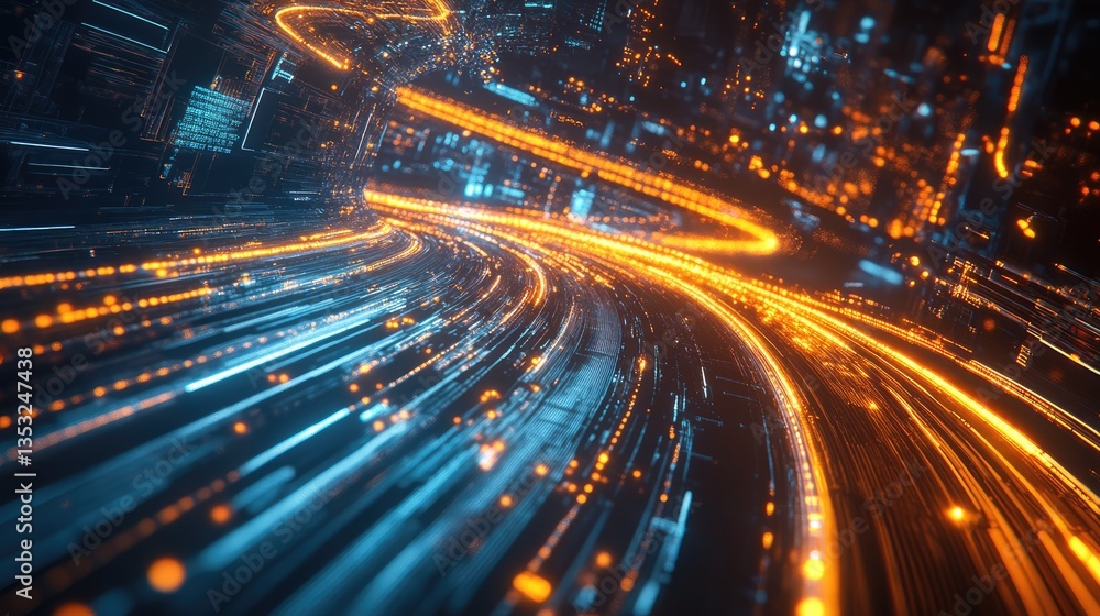 Poster futuristic abstract digital landscape with vibrant orange and blue light trails representing data fl