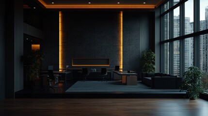 Plakat Modern corporate office interior with city view and stylish furniture for business success