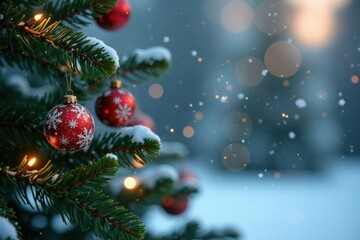 Obraz premium Fir Branches Adorned with Snowflakes and Twinkling Lights, Sparkling Snowflakes, Sparkly Snow, Holiday Decoration