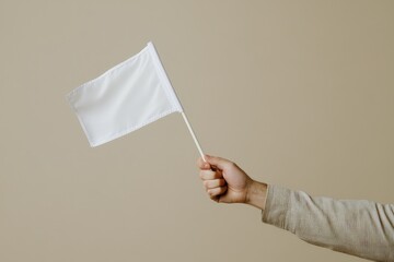A hand holding a small white flag on a beige background