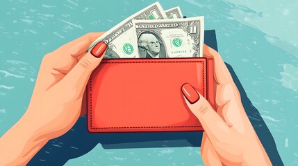 Professional woman putting money into wallet on blue background for financial concept