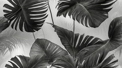 Elegant monochrome monstera leaves with a soft blurred background. High-detail tropical foliage in black and white, perfect for modern wallpapers, decor, and artistic designs