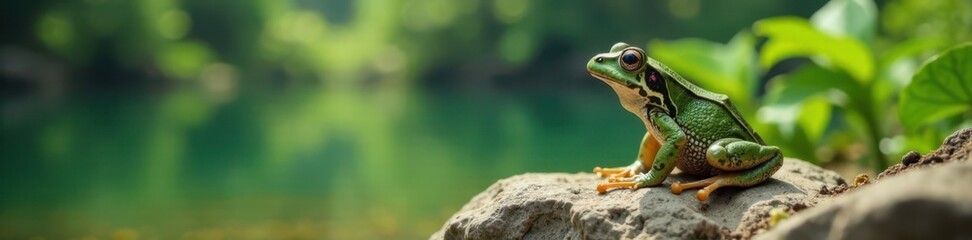 Fototapeta premium Frog sitting on a rock by a lake, lake, rock
