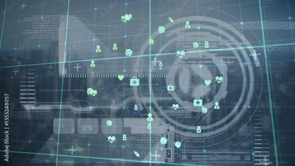 Poster displaying animation of network connections and security icons on digital interface