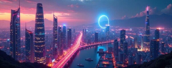 Fototapeta premium Futuristic cityscape with information display, modern, cityscape