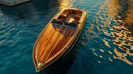 Obraz premium A beautiful wooden speedboat cruising upon shimmering blue water