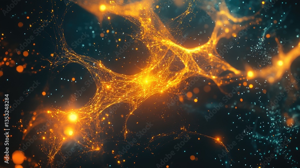 Poster abstract representation of glowing neural connections with vibrant colors and dynamic patterns in a 