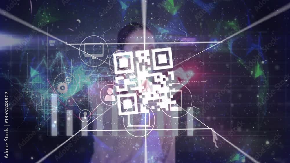 Poster in school, person interacting with animation of qr code and digital data graphics