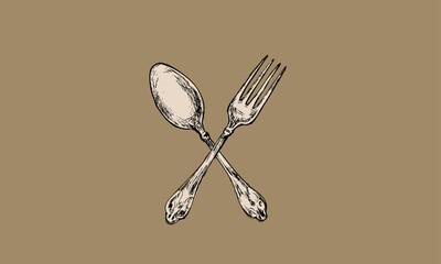 アンティークなセピアカラーの手描きカトラリー（クロスしたフォークとスプーン）