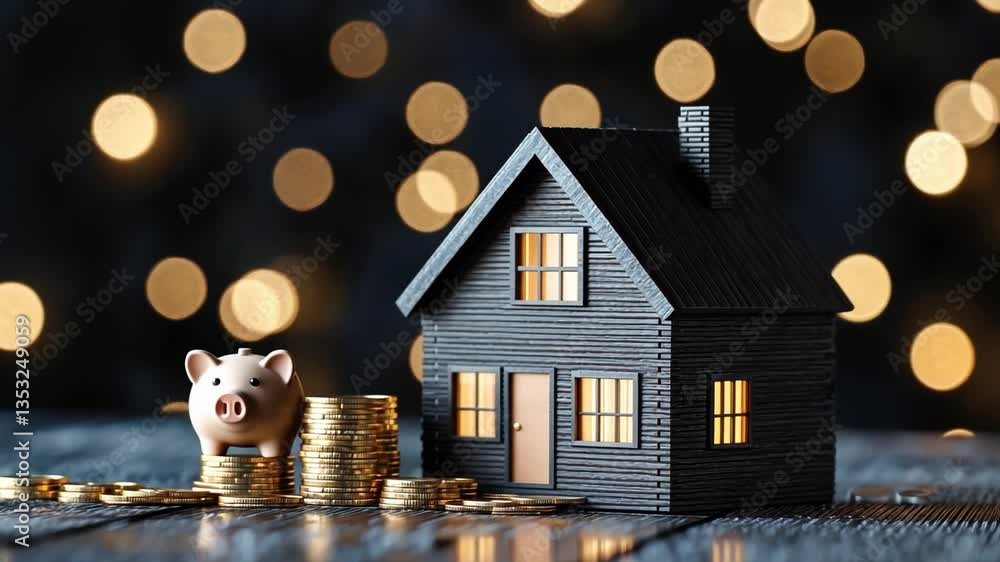 Poster concept of saving for a home with a piggy bank and golden coins on a wooden surface, creating a warm
