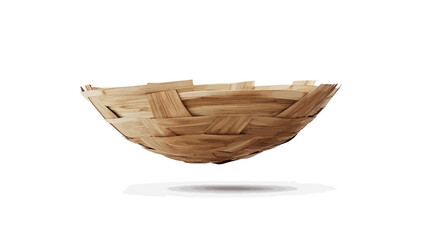 Obraz premium Close-up studio shot of an empty, woven bowl or bird's nest-like structure. The object is light brown, appearing to be made from thin, interwoven strips of wood or similar material. It is