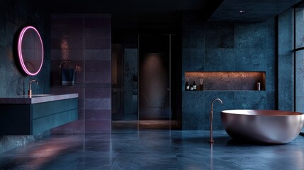 Modern bathroom interior with copper bathtub, sink and neon mirror for luxury living