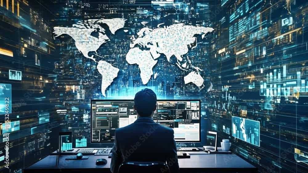Poster futuristic data analyst in a digital workspace surrounded by streams of data visualizations and a wo