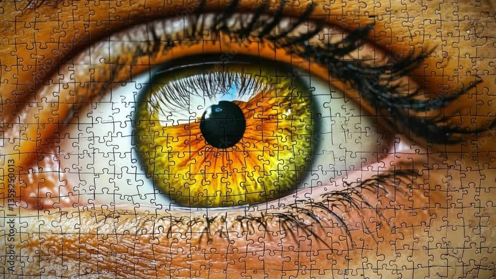 Poster close-up view of an intricate eye with bright yellow iris and detailed texture surrounded by puzzle 