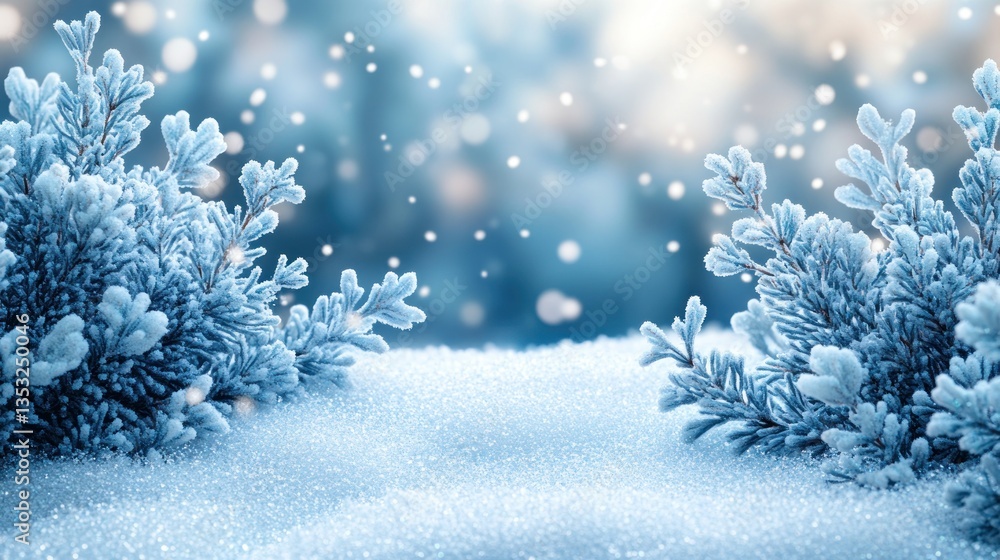 Aufkleber frosty winter scene with snow-covered plants and bokeh background.