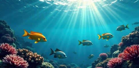 Fototapeta premium School of fish swim beneath the surface of waves, water, marine