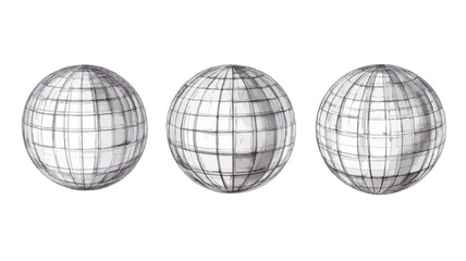 The image contains three grayscale illustrations of globes. Each globe is depicted as a sphere with a grid pattern suggesting latitude and longitude lines. The style is a simple graphite sketch,