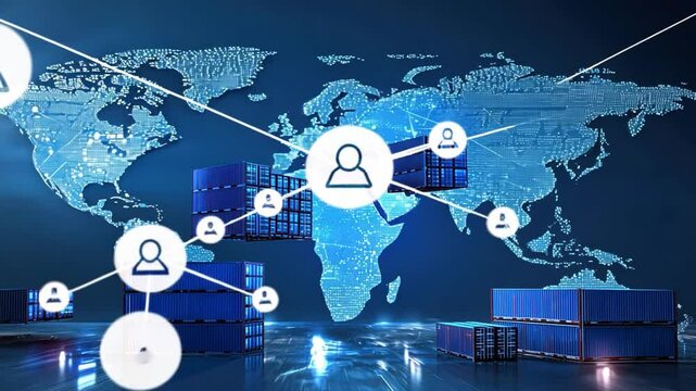 Digital Global Logistics Network with Shipping Containers and World Map Visualization for International Trade and Supply Chain Management Concepts