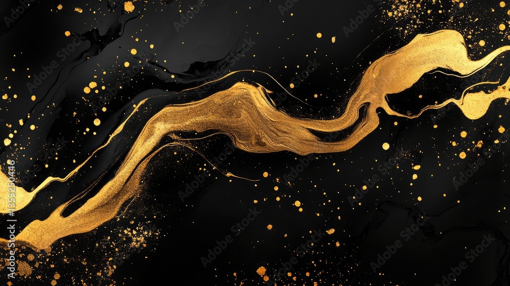 Poster abstract black and gold marble texture with flowing patterns and golden specks creating a luxurious 
