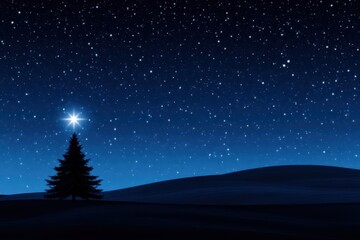 Naklejka premium Starry Night Sky Over Snowy Landscape with Christmas Tree