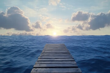 Obraz premium Serene Sunset Over Ocean Viewed from Weathered Wooden Dock