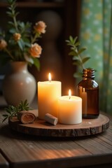 Softly glowing candles on a wooden table, surrounded by calming herbs and scented oils, relaxing, calmness
