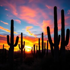 Majestic Saguaro cacti silhouetted against a vibrant Arizona sunset, sand, dry