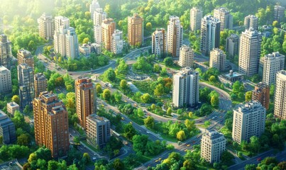 Fototapeta premium Isometric modern cityscape with skyscrapers, parks, and traffic, detailed urban environment, 3D illustration