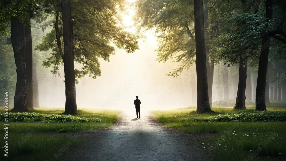 Poster journey's end: a solitary figure walks towards a sunlit clearing through a verdant forest, its trees