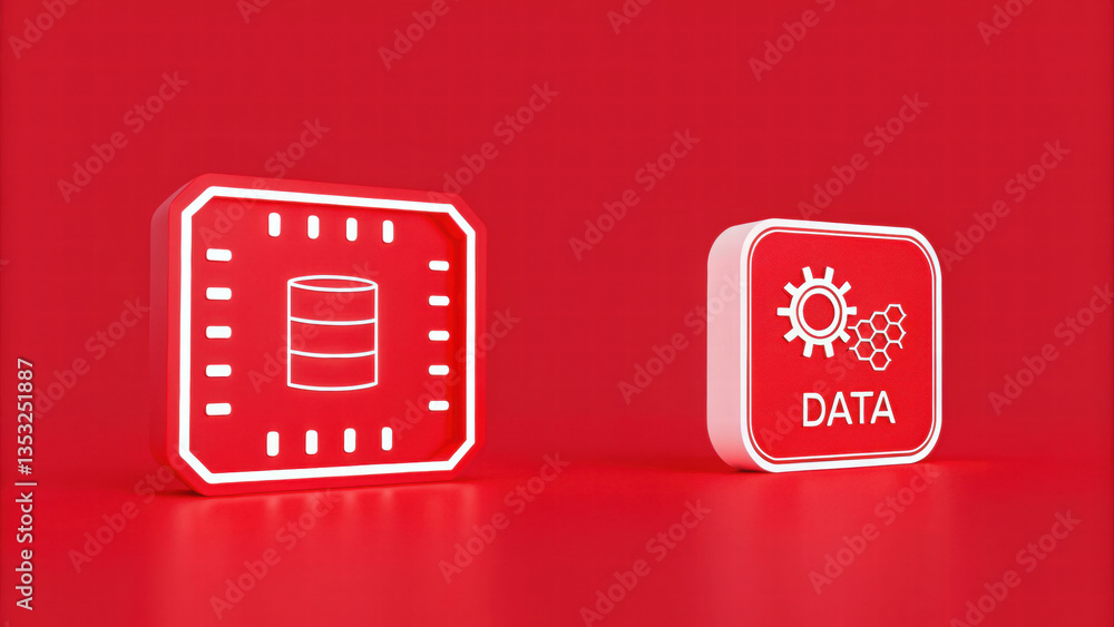 Poster 3d icon representing data storage and processing on vibrant red background evokes modern technology.