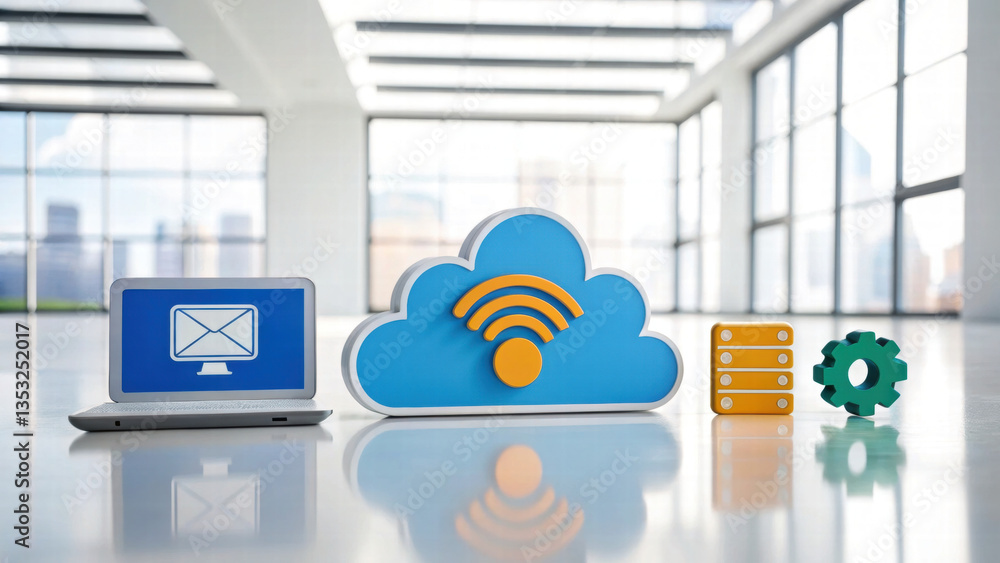 Poster modern 3d icon representing cloud computing with laptop, cloud symbol, and data storage elements. 3d