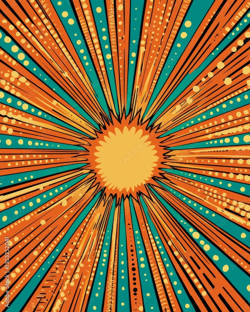 Poster exploding starburst design with radial lines in a retro style with vibrant orange and blue hues