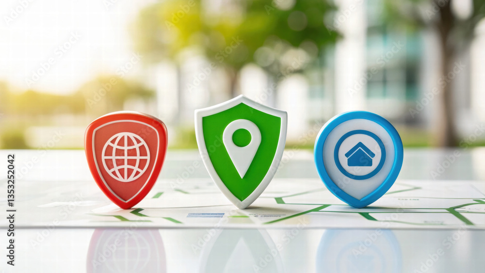 Aufkleber 3d icons represent location and security in vibrant setting, showcasing modern design elements. 3d i