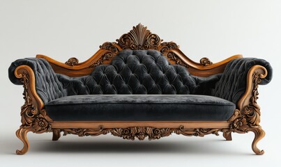 Victorian-style classic sofa with intricate wood carvings and velvet upholstery, royal and elegant, 3D illustration