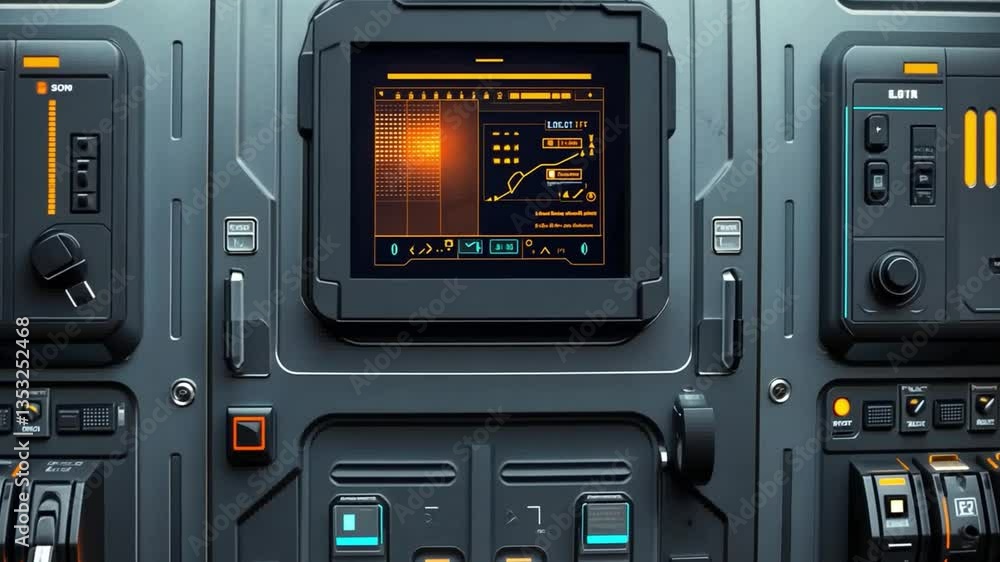 Poster futuristic control panel with digital display and complex interface for science fiction or technolog