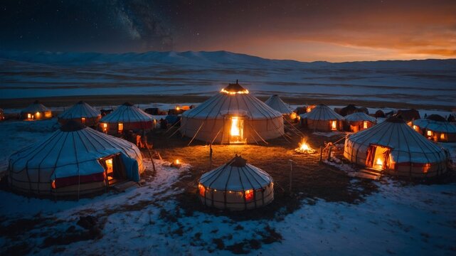 Nomadic nights: A yurt camp bathed in warm light under a starry expanse