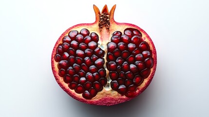 Ruby Jewel: A vibrant, open pomegranate reveals a trove of juicy, jewel-toned seeds, the epitome of natural freshness and exotic fruit, artfully captured.