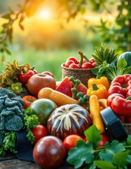 Vibrant fruits and vegetables, fitness equipment, peaceful nature scene, exercise, mind, green