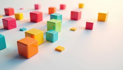 Obraz premium Colorful blocks of cubed shapes placed randomly on a plain white surface leaving ample space, geometric pattern, cube