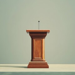 A brown wooden podium with a microphone stands elegantly centered