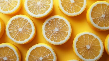 Obraz premium Citrus Burst: Overhead view of cut lemons against a bright yellow backdrop, radiating freshness and zesty appeal. Capture the vibrancy of nature's sunshine