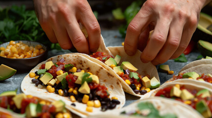 A chef skillfully assembles vegan tacos using soft tortillas filled with black beans, corn, and salsa, enhanced by colorful toppings like avocado and cilantro in bright light