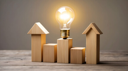 Illuminating Growth: Wooden Blocks and a Lightbulb Symbolizing Success