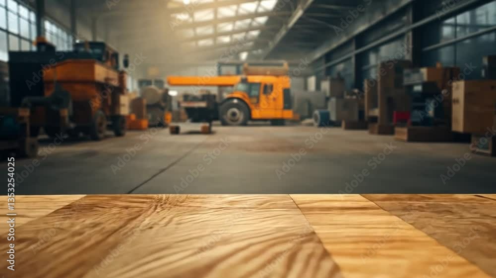 Poster rustic wooden surface with a blurred industrial background featuring a large vehicle in a spacious f