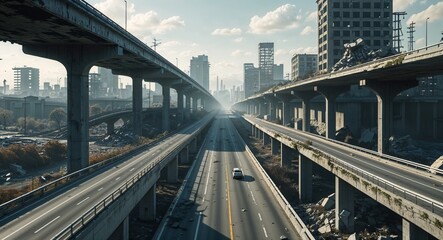 Fototapeta premium Empty highway cutting through a ruined city with crumbling overpasses