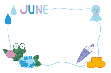June illustration frame. frog and hydrangea, color