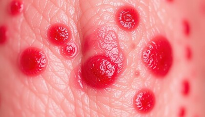 Close-up of inflamed, red skin with raised welts, characteristic of allergic contact dermatitis, medical, allergic contact dermatitis