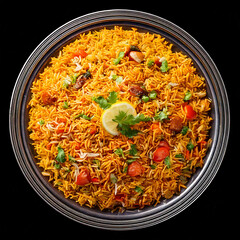 A large plate of biryani rice isolated on a black background