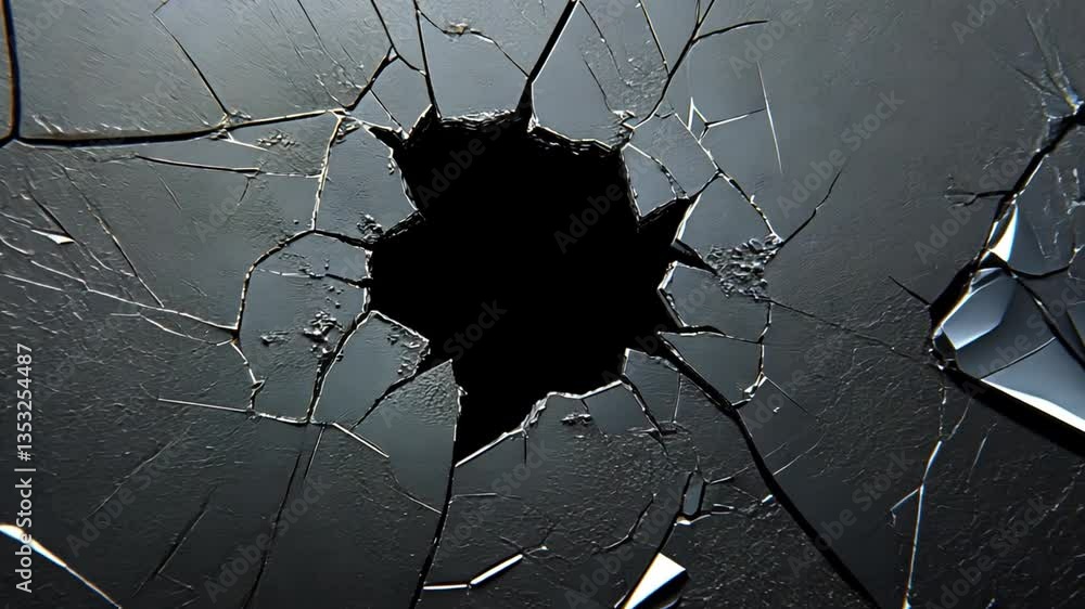 Poster large break in dark glass surface with cracks and splintered edges, dramatic lighting and textures p
