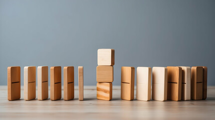 Stacked Wooden Blocks Stand Out Against a Row of Dominoes